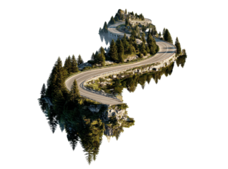 Winding mountain road scenic route aerial view. Isolated On Transparent Background