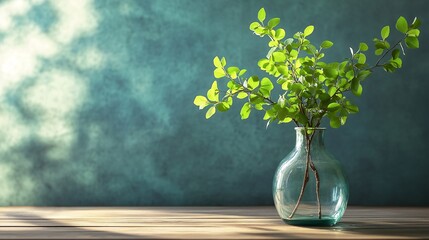 Serene Vase with Lush Green Leaves on Rustic Wooden Table