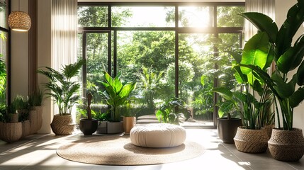 Serene Indoor Oasis with Sunlit Greenery