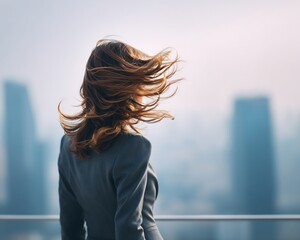 Businesswoman rooftop with skyline behind hair blowing in wind turned away from camera corporate city vibe faceless identity