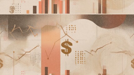 Financial illustration with brown and tan tones, featuring charts, graphs, and dollar symbols