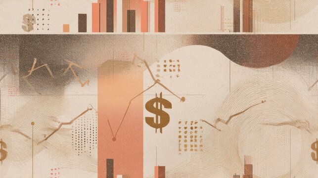 Financial illustration with brown and tan tones, featuring charts, graphs, and dollar symbols