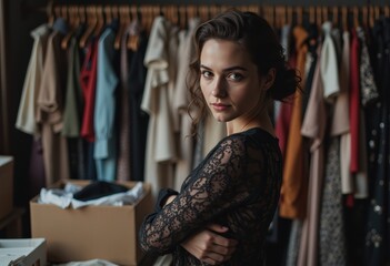 Fototapeta premium Costume designer thoughtfully arranging wardrobe pieces in a creative space