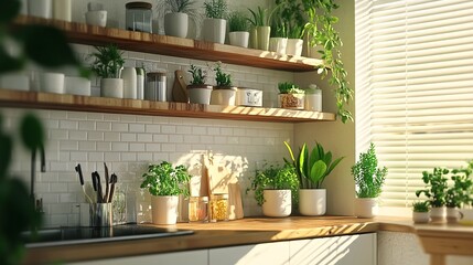 Modern Interior Decor with Stylish Indoor Plants on Bright Kitchen Shelf