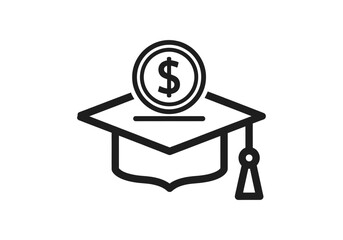 Vector art of a coin rests atop a graduation cap symbolizing investment in education and future financial success