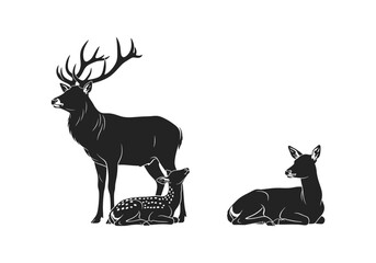 Illustration of a stag standing with a fawn and a doe lying down on a white background