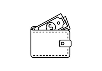 Vector art of a simple line art illustration of a wallet overflowing with cash and a coin, representing financial wealth