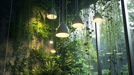 Zen Living Space with Tall Plants and Ambient Hanging Lights
