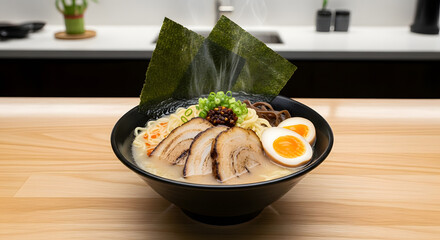 A delectable bowl of ramen, complete with pork, eggs, and seaweed, ready to be enjoyed.