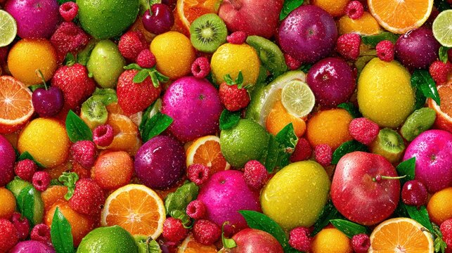 A vibrant and colorful assortment of fresh fruits arranged in a tight, overflowing display