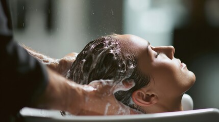 Hairdresser Performs a Relaxing Hair Wash for a Client in a Bright and Modern Salon Setting