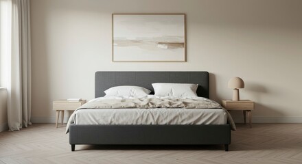 Serene bedroom with bed nightstands lamp and artwork