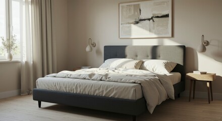 Serene bedroom with a tufted grey bed light linen bedding and natural light
