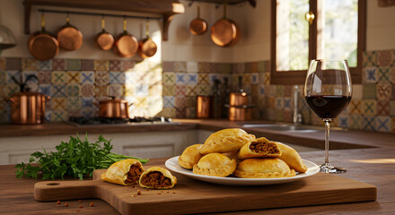 Delicious empanadas served with red wine on a wooden board in a cozy kitchen setting.