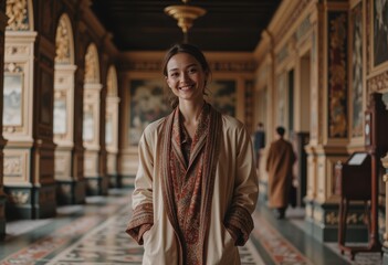 Naklejka premium Fashion lover in a layered ensemble at the Silk Road Museum, exuding travel-inspired elegance