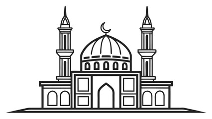 Obraz premium Architectural drawing of grand mosque with domes and minarets black and white outline style