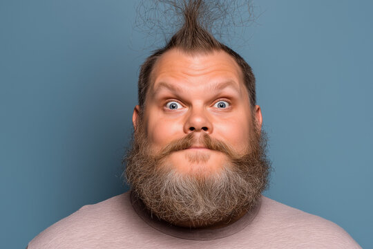 portrait: goofy-looking heavyset guy with beard and crazy hair