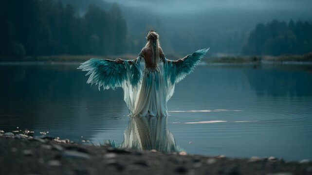 Cinematic shot of Isis, goddess of magic, in flowing linen and turquoise feathers, standing at the edge of a still sacred lake with her wings outstretched