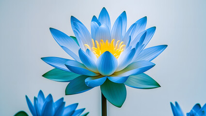 Obraz premium Cinematic photo of fully bloomed Nymphaea caerulea (Blue Lotus) with soft blue petals and bright yellow center, isolated on pure white background, natural lighting and shallow depth for elegant detail