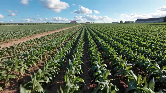 arafed corn field with a farm in the background