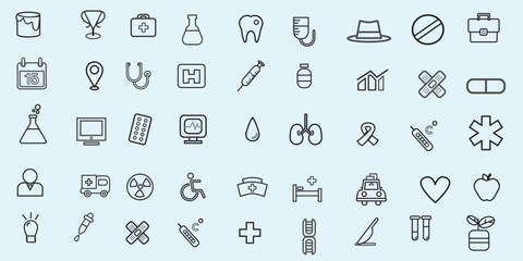 Medical healthcare line icon set. Vector pictograms of stethoscope, thermometer, syringe, pill, medicine, emergency, cross, heart, blood test, ambulance, bed, telehealth, thin linear illustration.