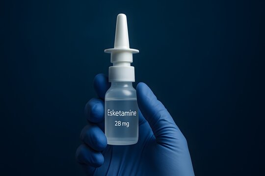 High-resolution medical image showing Esketamine 28 mg nasal spray in gloved hand&mdash;used in treatment-resistant depression and psychiatric emergencies. Ideal for pharma, psychiatry, and mental health vi