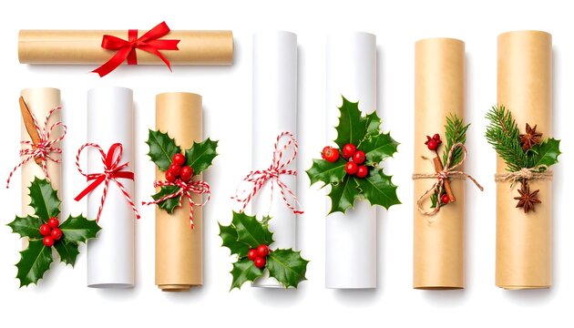 Rolled paper scrolls adorned with festive Christmas decorations