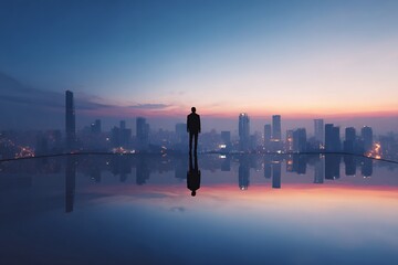 Fototapeta premium City skyline lone worker on rooftop back to camera professional reflection concept
