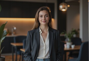 Fashion-forward woman in a contemporary office building wearing business casual attire