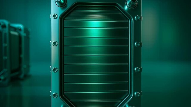 Green industrial hydrogen fuel cell stack with metallic structure and pipes in futuristic technology for clean energy production and storage