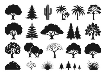 Vector art of collection of diverse tree silhouettes showcasing various species and shapes for ecological and design applications