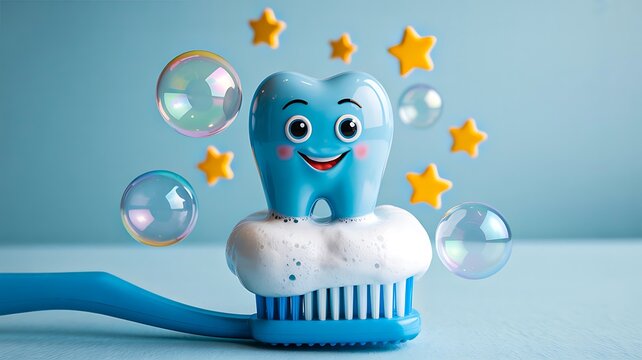 Cartoon tooth on toothbrush with bubbles for dental care - Powered by Adobe