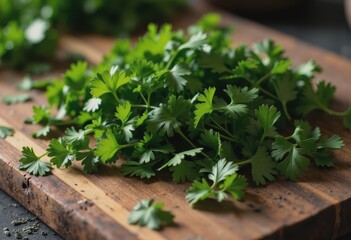 Fresh parsley being chopped, releasing green leaf particles and chlorophyll