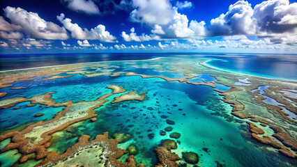 Aerial view of coral reef with turquoise water and blue sky with white clouds in the background