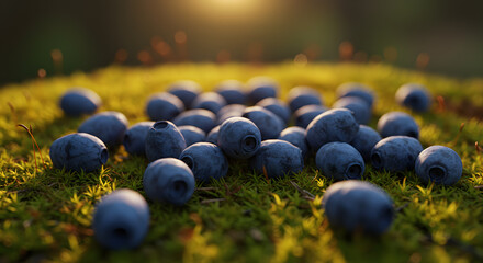 A close-up of blueberries scattered on vibrant green moss, bathed in warm, golden sunlight.