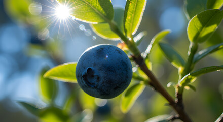 A close-up of a ripe blueberry on a branch, bathed in warm sunlight, highlighting its color and texture against a blurred green and blue background.
