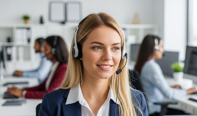 In einem modernen Callcenter-Großraumbüro sitzt eine hübsche, junge Frau im Vordergrund 