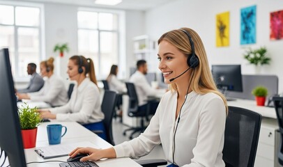 In einem modernen Callcenter-Großraumbüro sitzt eine hübsche, junge Frau im Vordergrund 