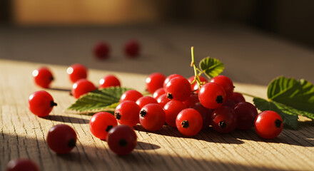 A vibrant collection of red currants, illuminated by warm sunlight, rests on a rustic wooden surface.