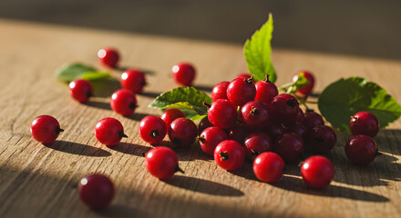 A close-up of redcurrants scattered on a wooden surface, with leaves and sunlight enhancing their vibrant color.