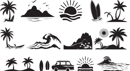 Obraz premium Beach And Surf With Tropical Elements Like Palm Trees, Waves, Surfboards, And Sun Vector Set