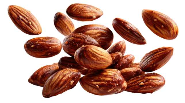 Almond Delight: A cluster of wholesome, shelled almonds cascade mid-air, exuding their natural, inviting textures. Offering a feast for the eyes and palate, the shot highlights each delicate curve.