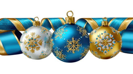 Christmas Baubles' Celebration: A trio of beautifully crafted Christmas baubles, each adorned with elegant snowflake patterns and glistening gold accents, hang amidst a shimmering ribbon.
