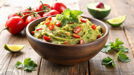 A wooden bowl filled with guacamole topped with tomatoes and parsley on a wooden surface with limes