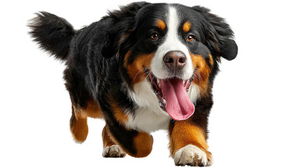 Playful Bernese Mountain Dog's Joyful Sprint: A charming Bernese Mountain Dog exudes boundless energy and happiness as it joyfully races forward, its tongue lolling out in a display of pure bliss.