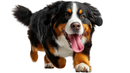 Playful Bernese Mountain Dog's Joyful Sprint: A charming Bernese Mountain Dog exudes boundless energy and happiness as it joyfully races forward, its tongue lolling out in a display of pure bliss.