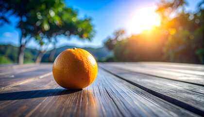 A vibrant orange sits on a weathered wooden table bathed in warm sunlight. The background features blurred greenery and a clear blue sky.
