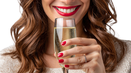 Cheers to Celebration: A captivating closeup of a woman, her red lips and nails gleaming, holding a champagne flute filled with a bubbly drink, radiating warmth and festivity.
