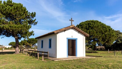 Small white chapel in a grassy field