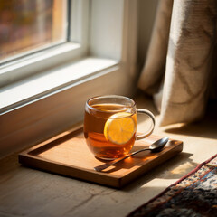Warm Tea in Glass Mug by Window in Sunlight